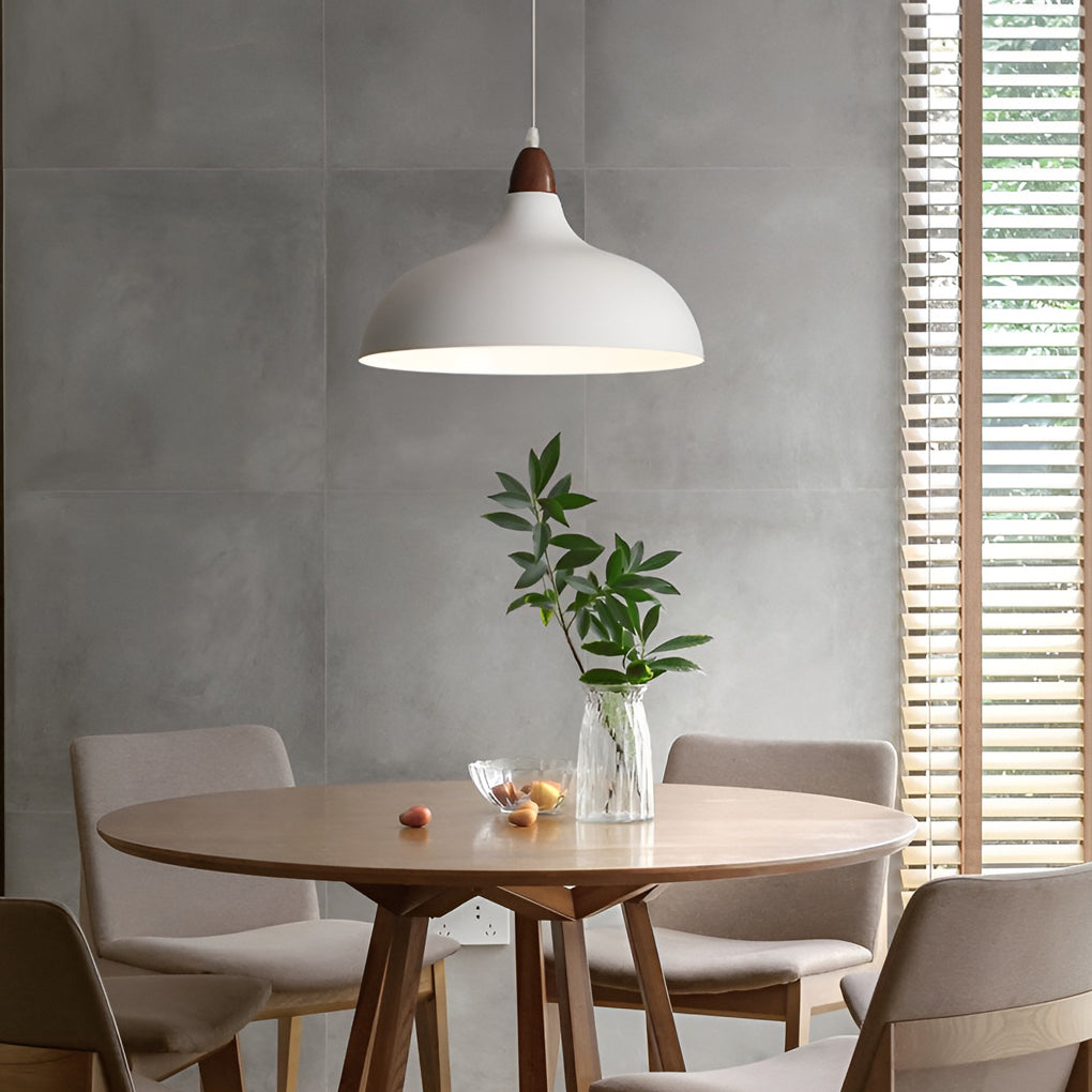 Nordic White Round Pendant Light with Walnut Accents Minimalist 12W LED Hanging Lamp