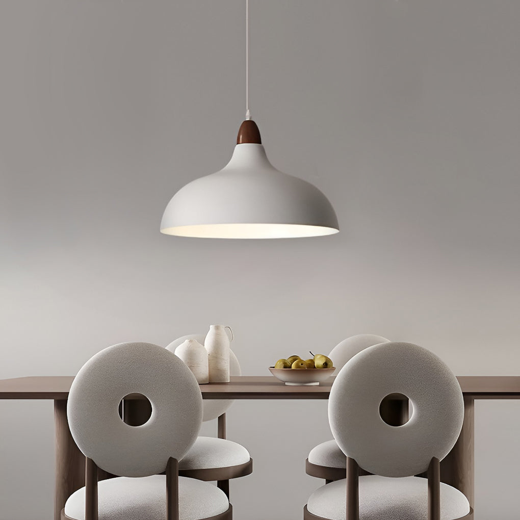 Nordic White Round Pendant Light with Walnut Accents Minimalist 12W LED Hanging Lamp