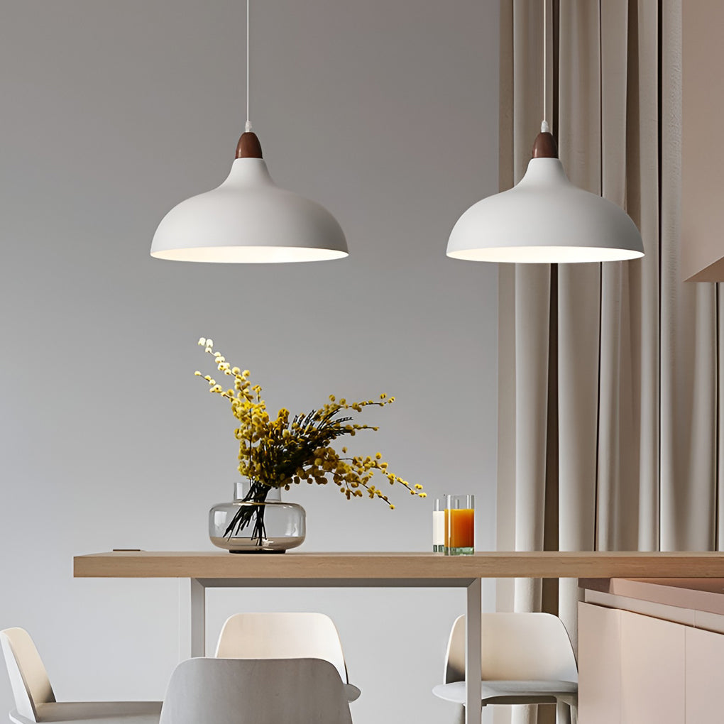 Nordic White Round Pendant Light with Walnut Accents Minimalist 12W LED Hanging Lamp
