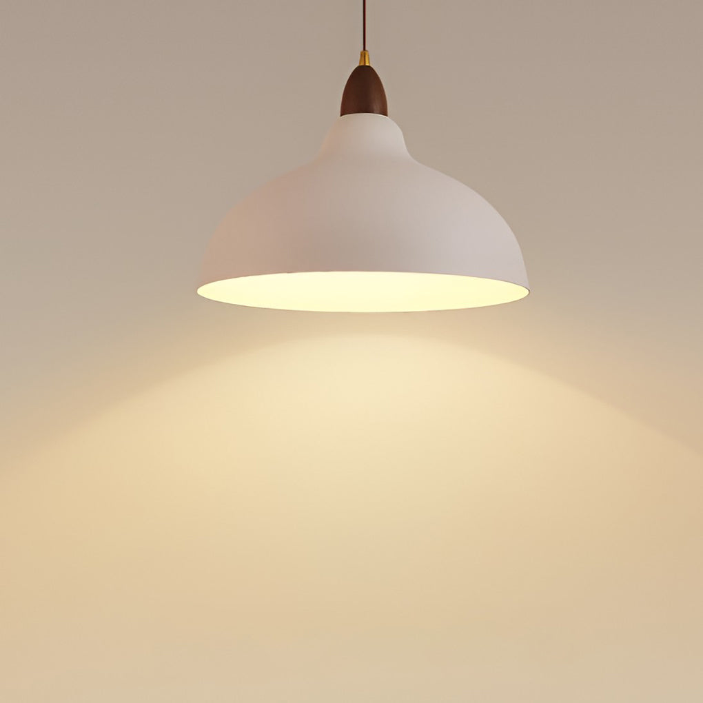Nordic White Round Pendant Light with Walnut Accents Minimalist 12W LED Hanging Lamp