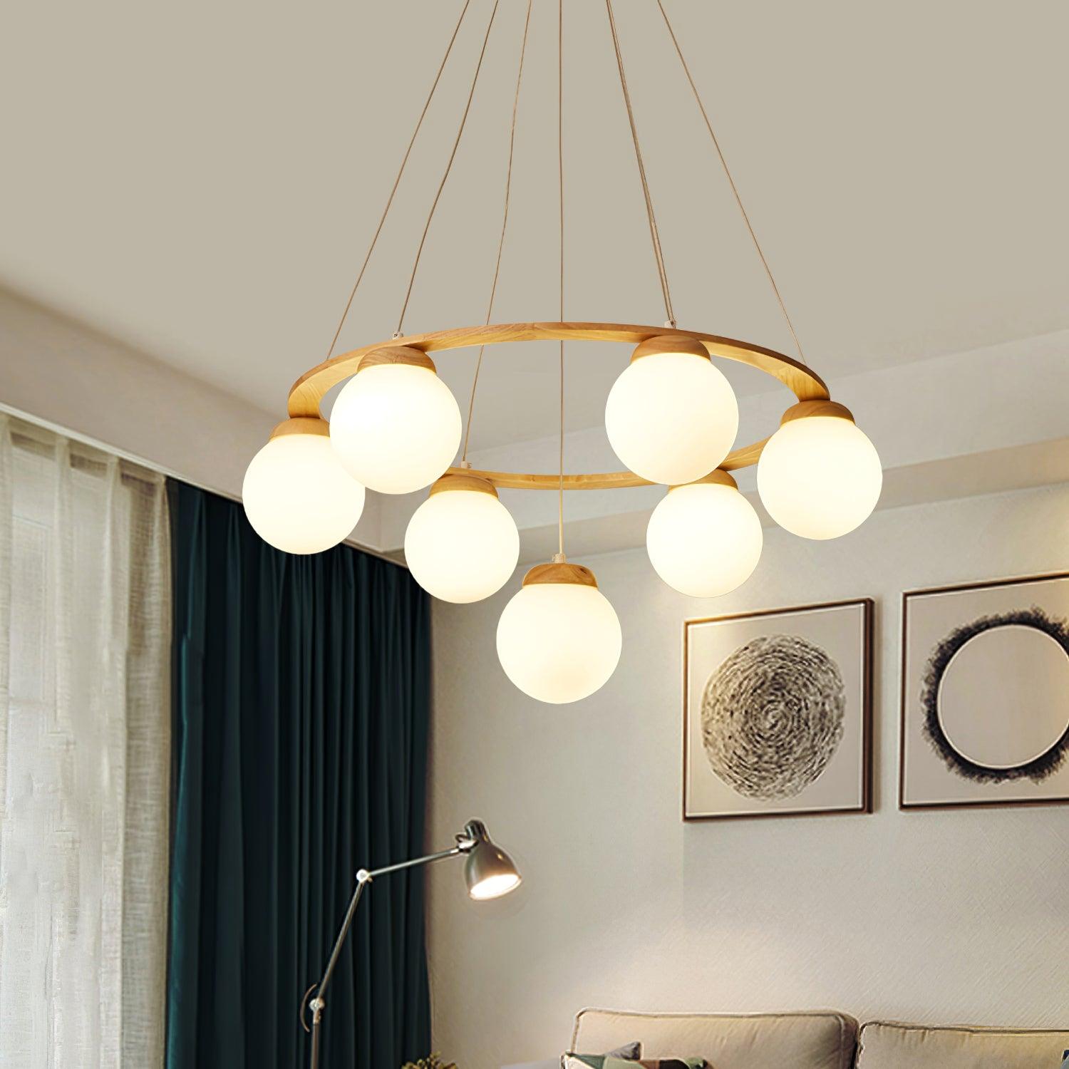 Nordic Wood and Glass Globe Chandelier Modern Minimalist Ceiling Light Fixture