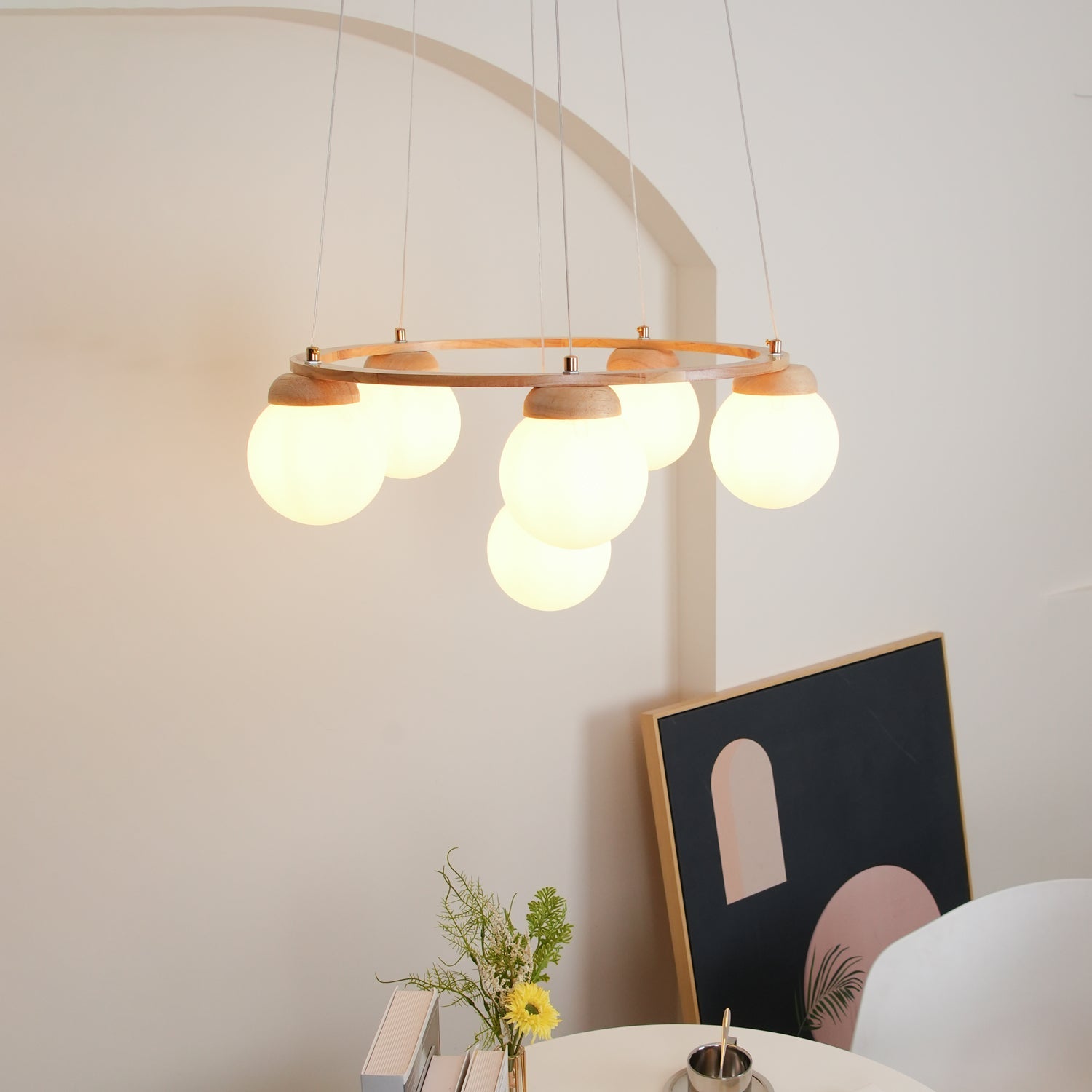 Nordic Wood and Glass Globe Chandelier Modern Minimalist Ceiling Light Fixture