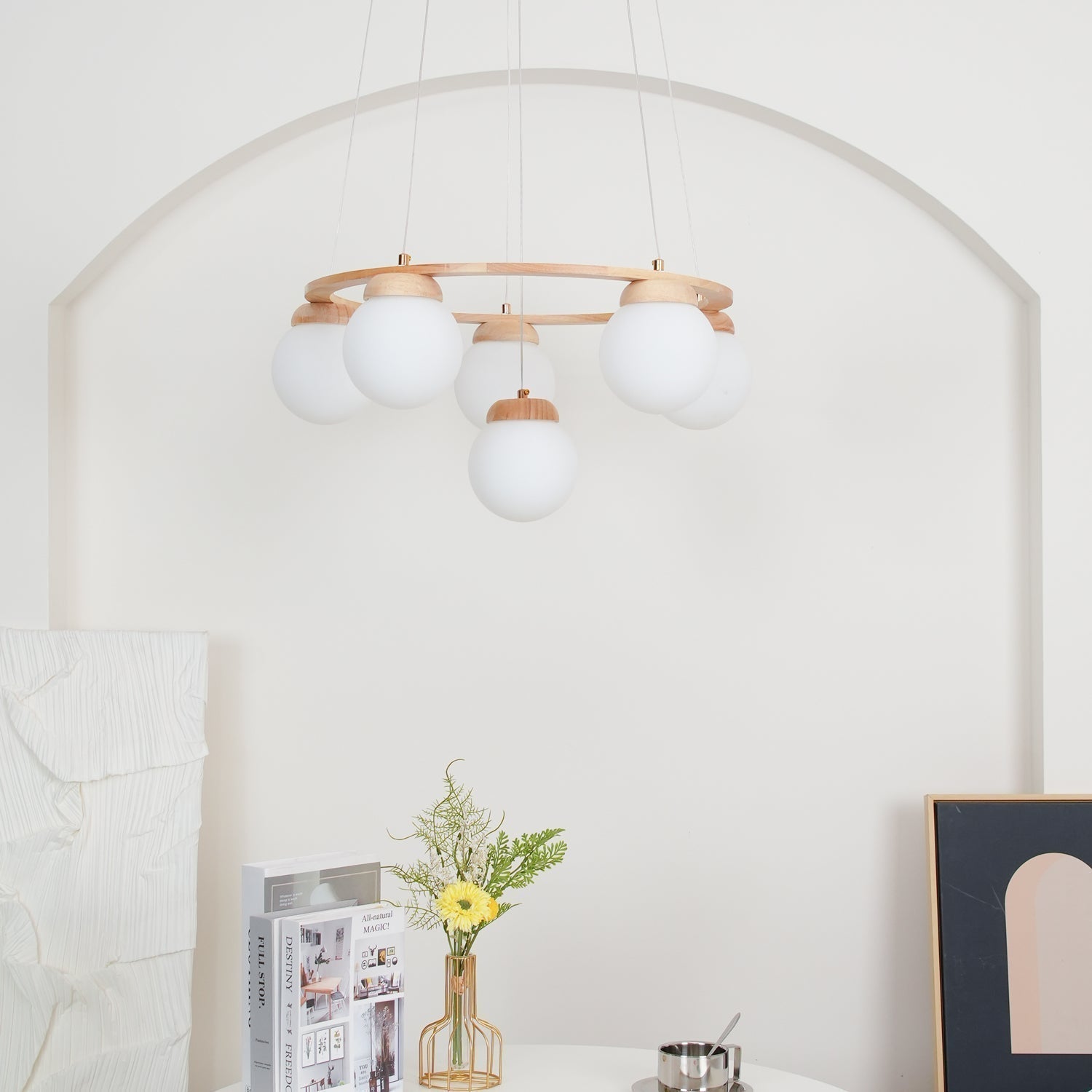 Nordic Wood and Glass Globe Chandelier Modern Minimalist Ceiling Light Fixture