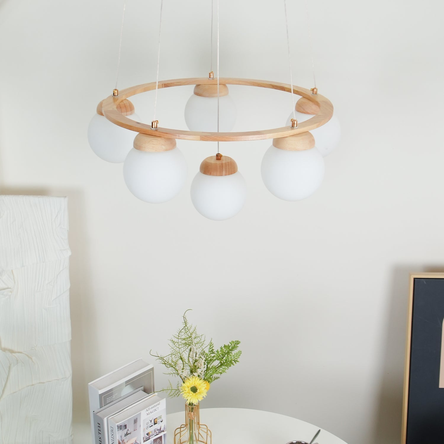 Nordic Wood and Glass Globe Chandelier Modern Minimalist Ceiling Light Fixture