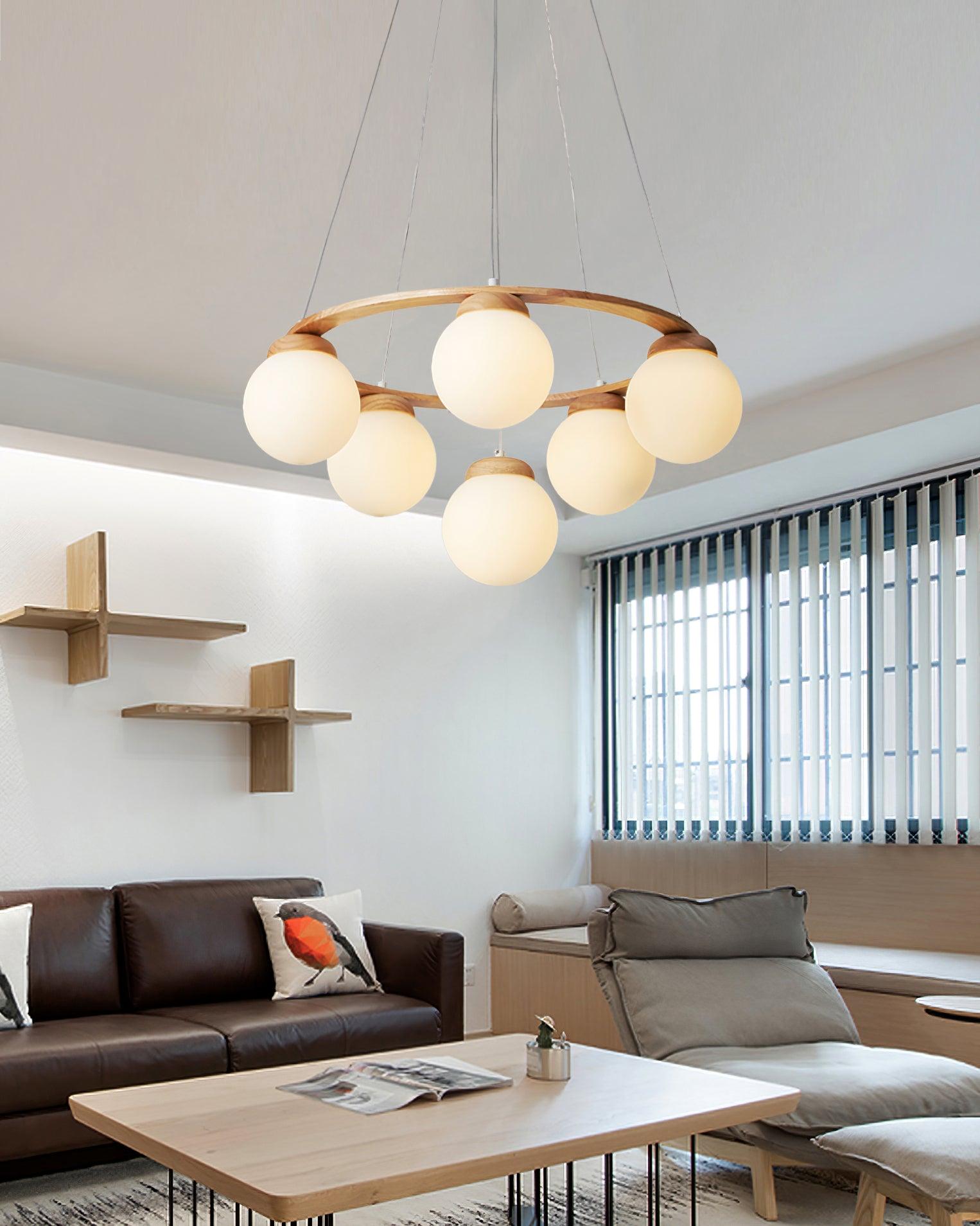Nordic Wood and Glass Globe Chandelier Modern Minimalist Ceiling Light Fixture