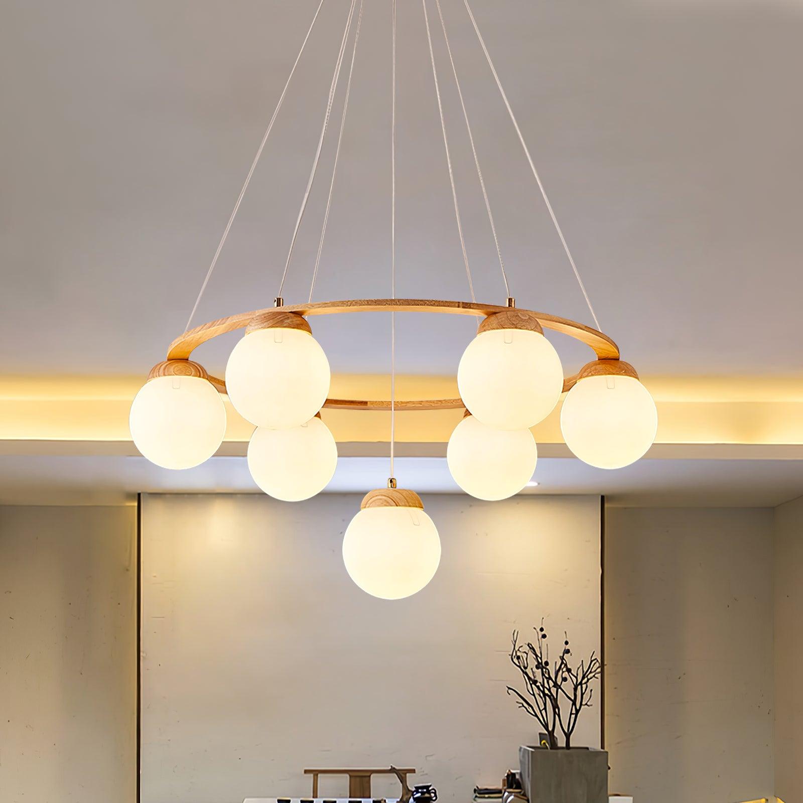 Nordic Wood and Glass Globe Chandelier Modern Minimalist Ceiling Light Fixture