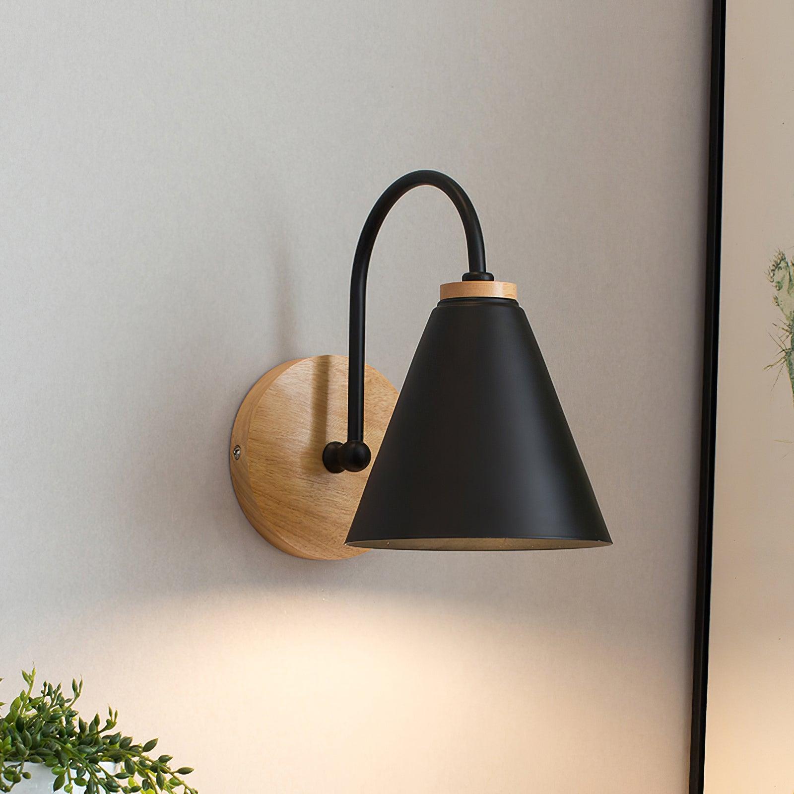Nordic Wooden Wall Sconce Set with Cone Iron Shade and Modern Metal Accents