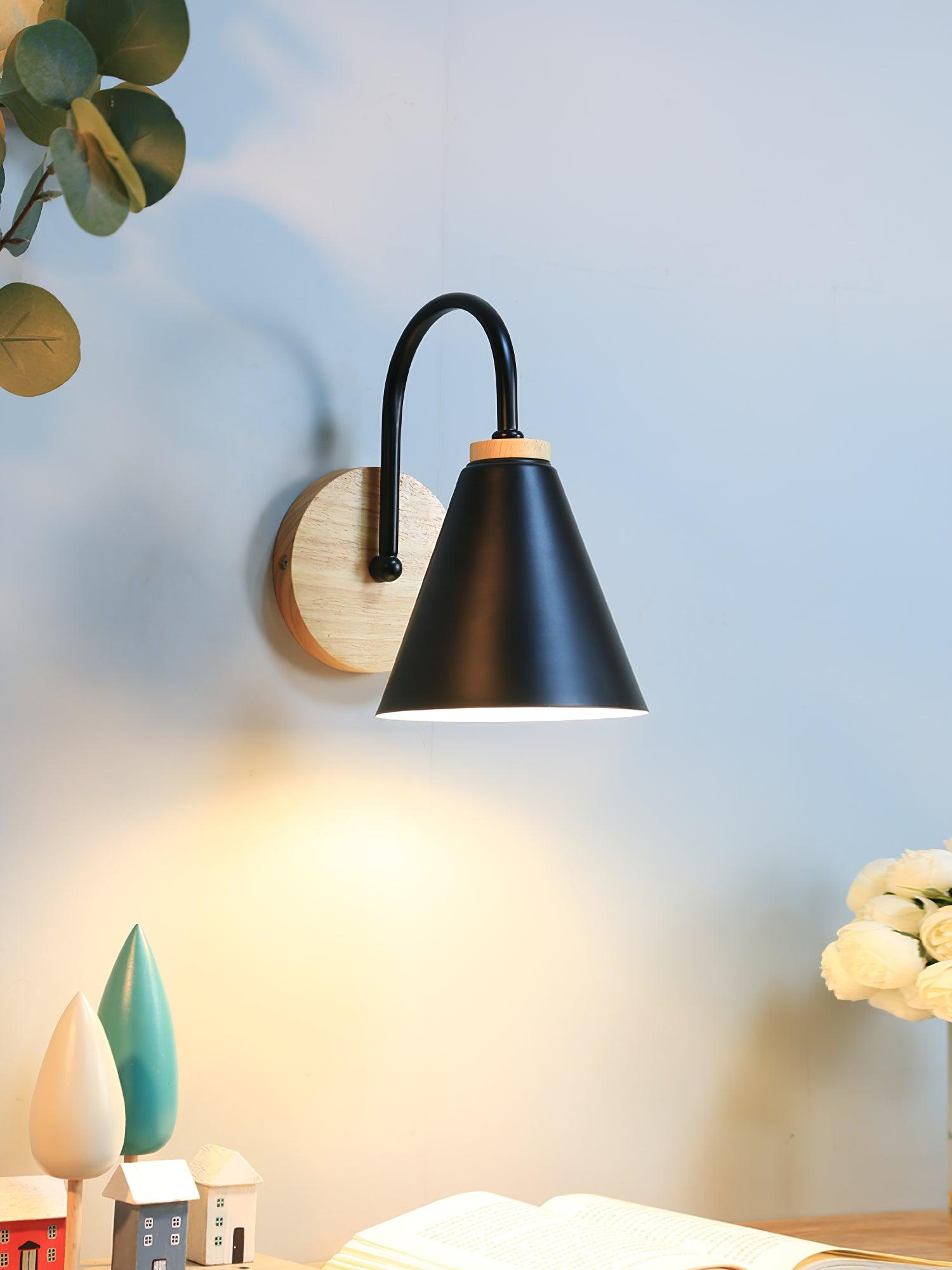 Nordic Wooden Wall Sconce Set with Cone Iron Shade and Modern Metal Accents