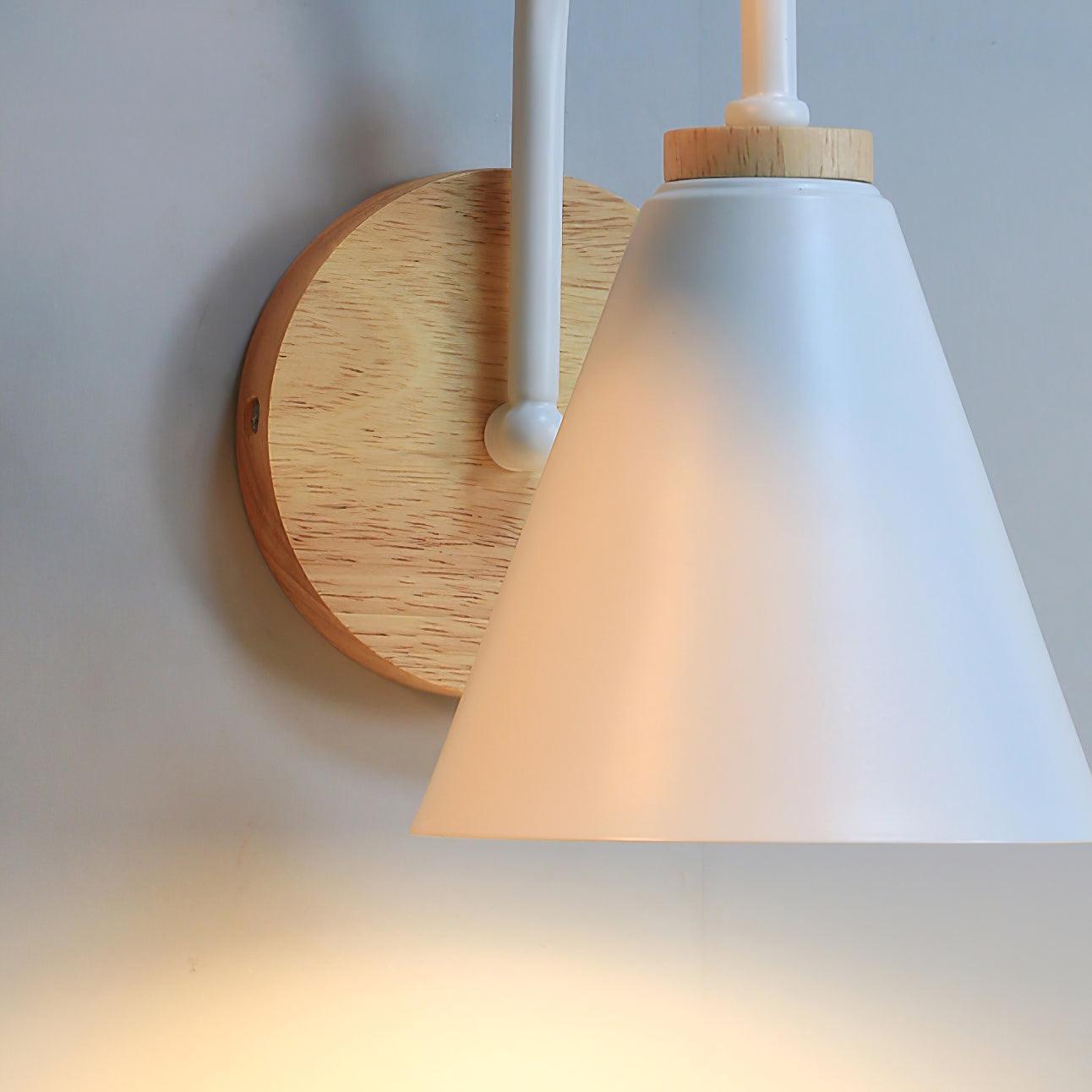 Nordic Wooden Wall Sconce Set with Cone Iron Shade and Modern Metal Accents