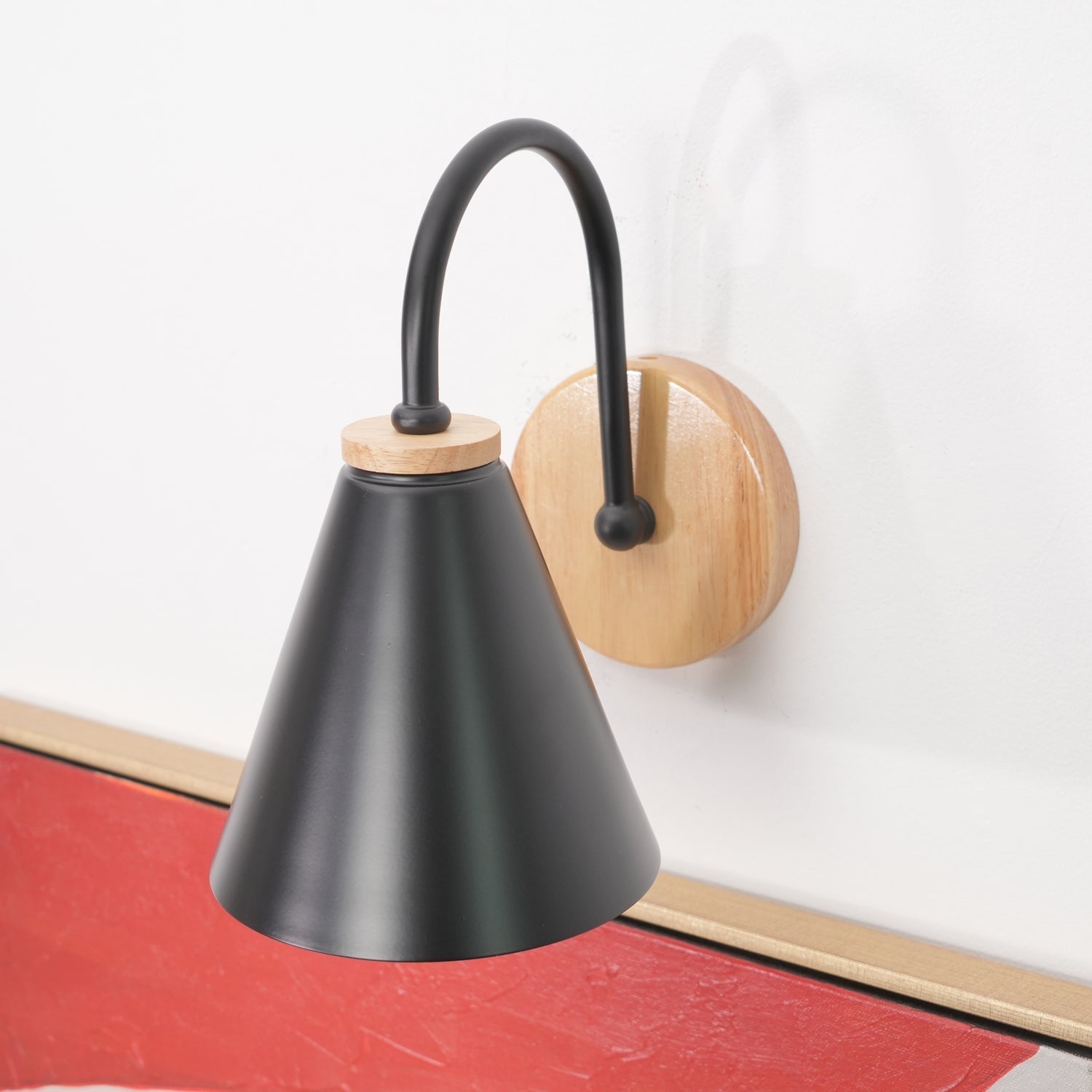 Nordic Wooden Wall Sconce Set with Cone Iron Shade and Modern Metal Accents