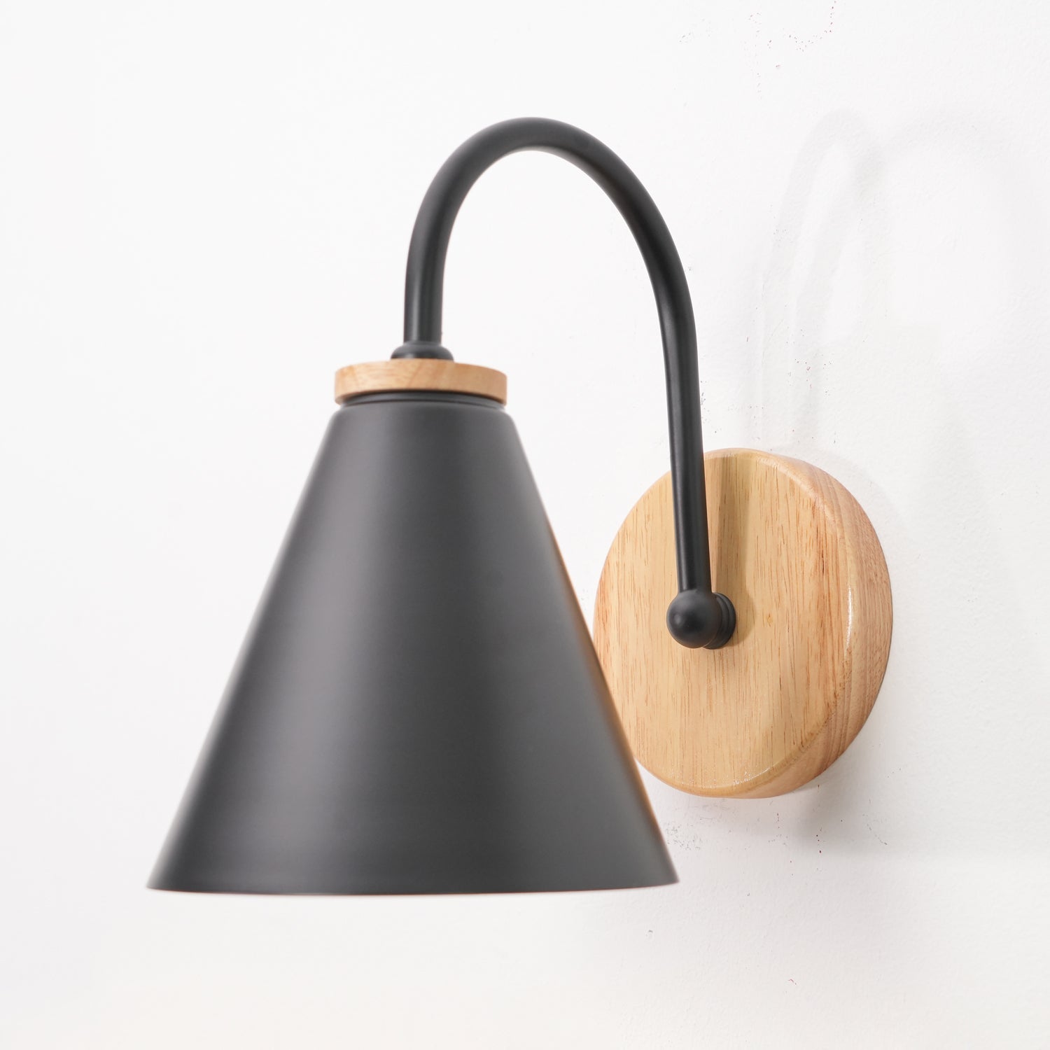Nordic Wooden Wall Sconce Set with Cone Iron Shade and Modern Metal Accents
