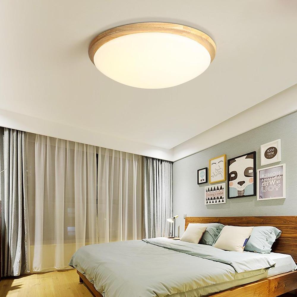 Modern Nordic Wood Flush Mount Ceiling Light 14 Inch Dimmable Bamboo LED Fixture for Bedroom and Office