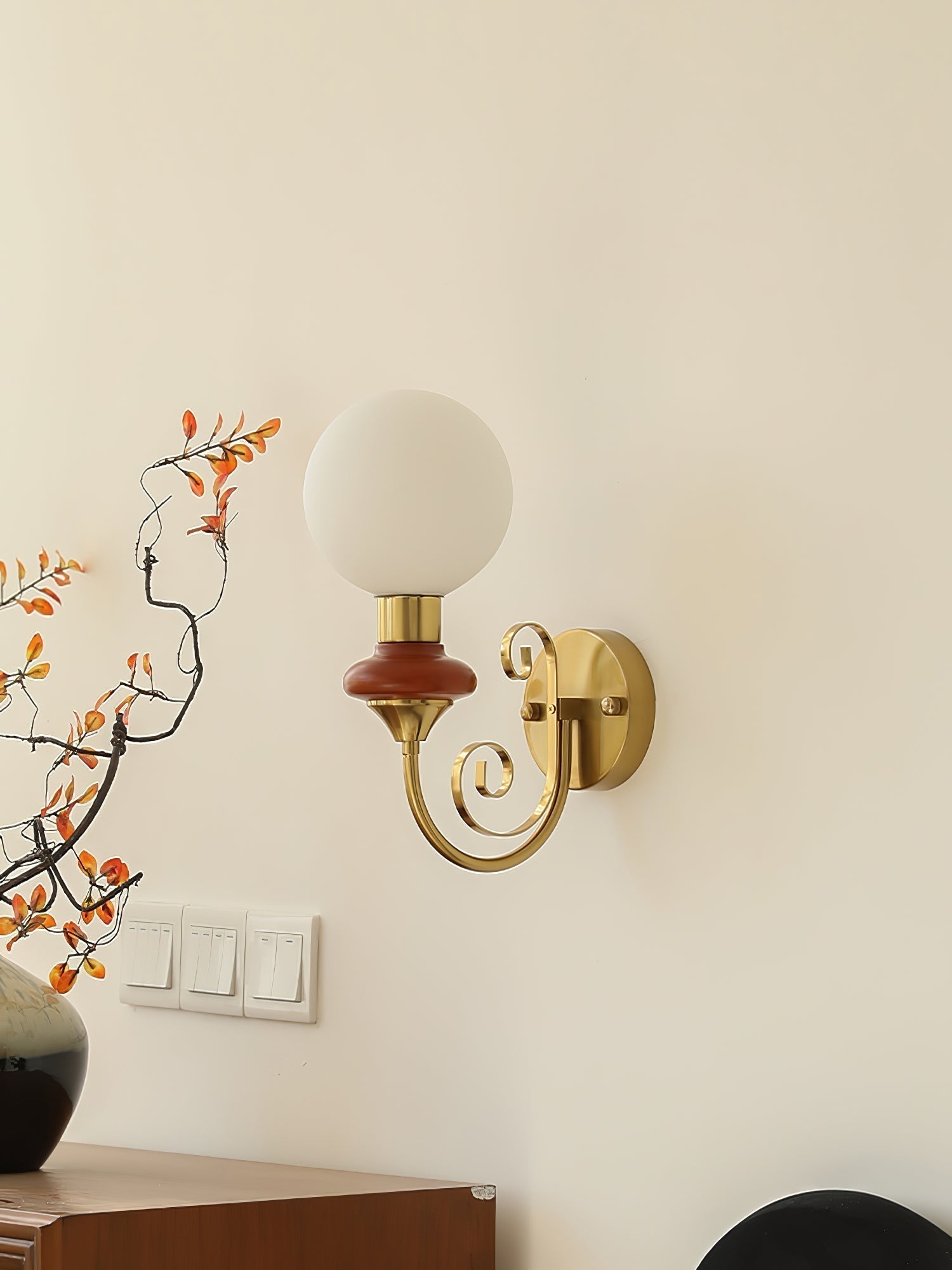 Onyx Modern Glass Globe Wall Sconce with Wood and Metal Accents for Indoor Lighting
