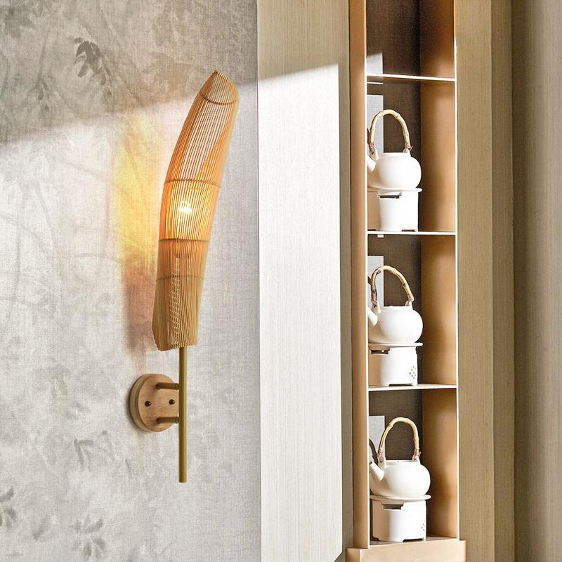 Organic Bamboo Wall Sconce Modern Natural Wood Indoor Light Fixture for Home