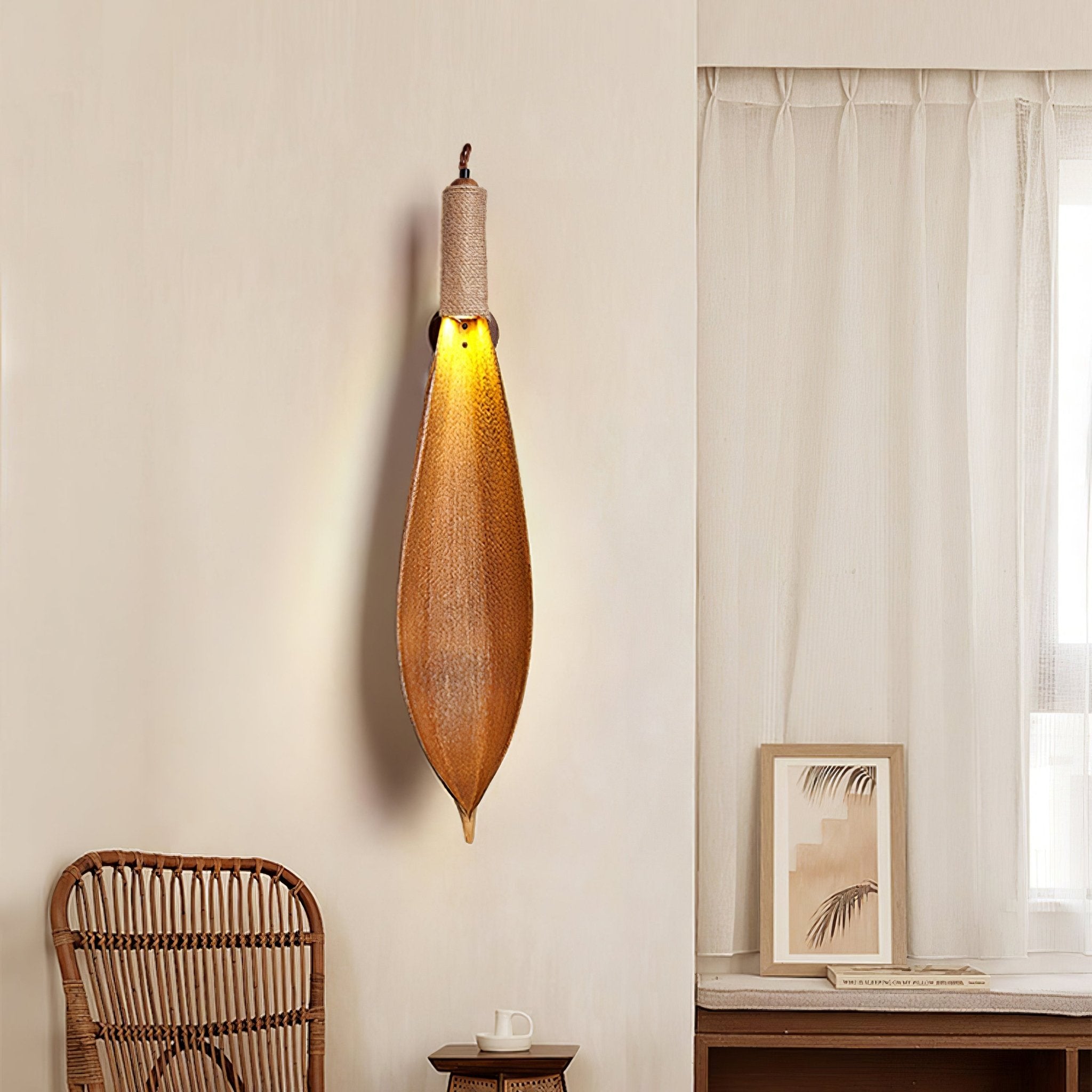 Organic Natural Cocoa Leaf Wall Sconce with Jute Rope Detail for Rustic Interior Lighting