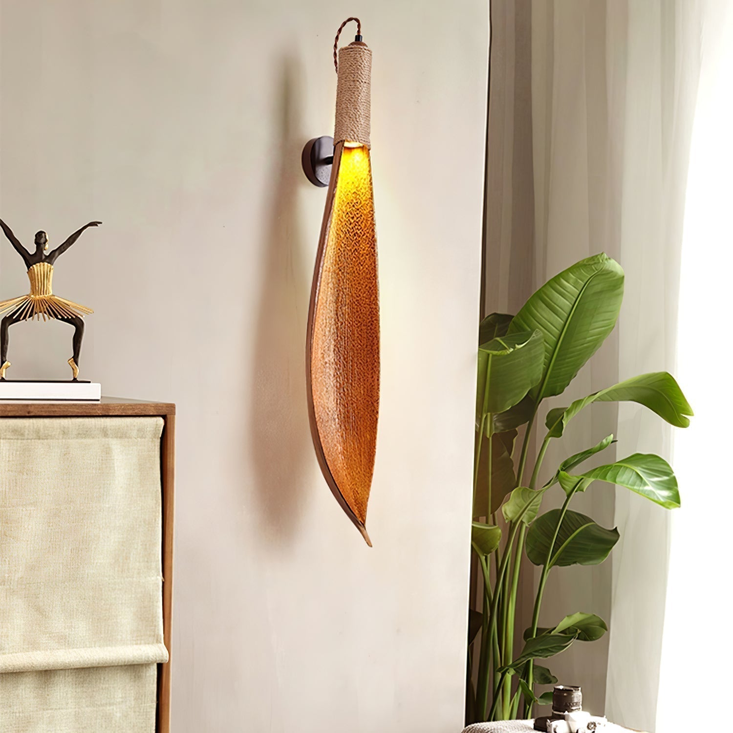 Organic Natural Cocoa Leaf Wall Sconce with Jute Rope Detail for Rustic Interior Lighting