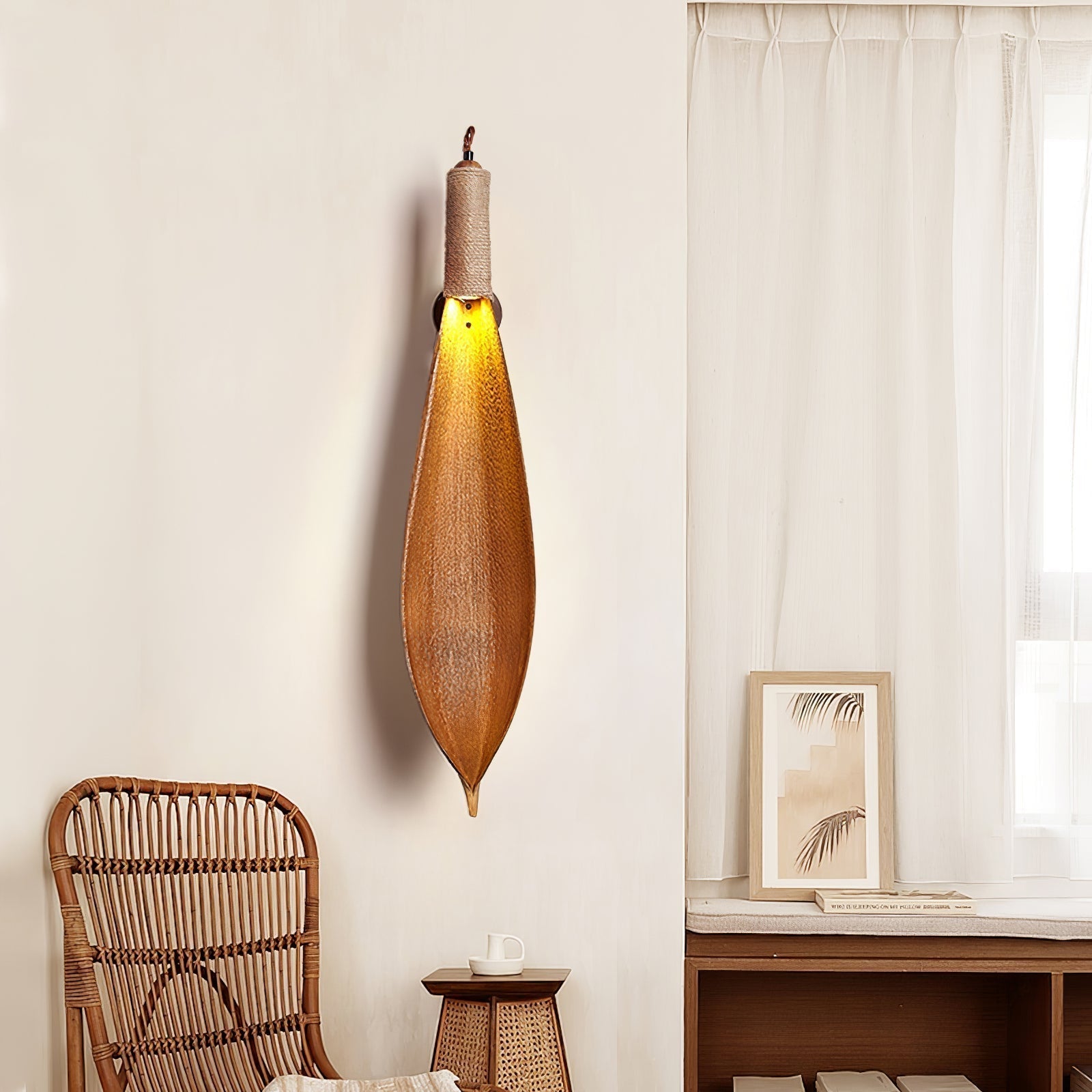 Organic Natural Cocoa Leaf Wall Sconce with Jute Rope Detail for Rustic Interior Lighting