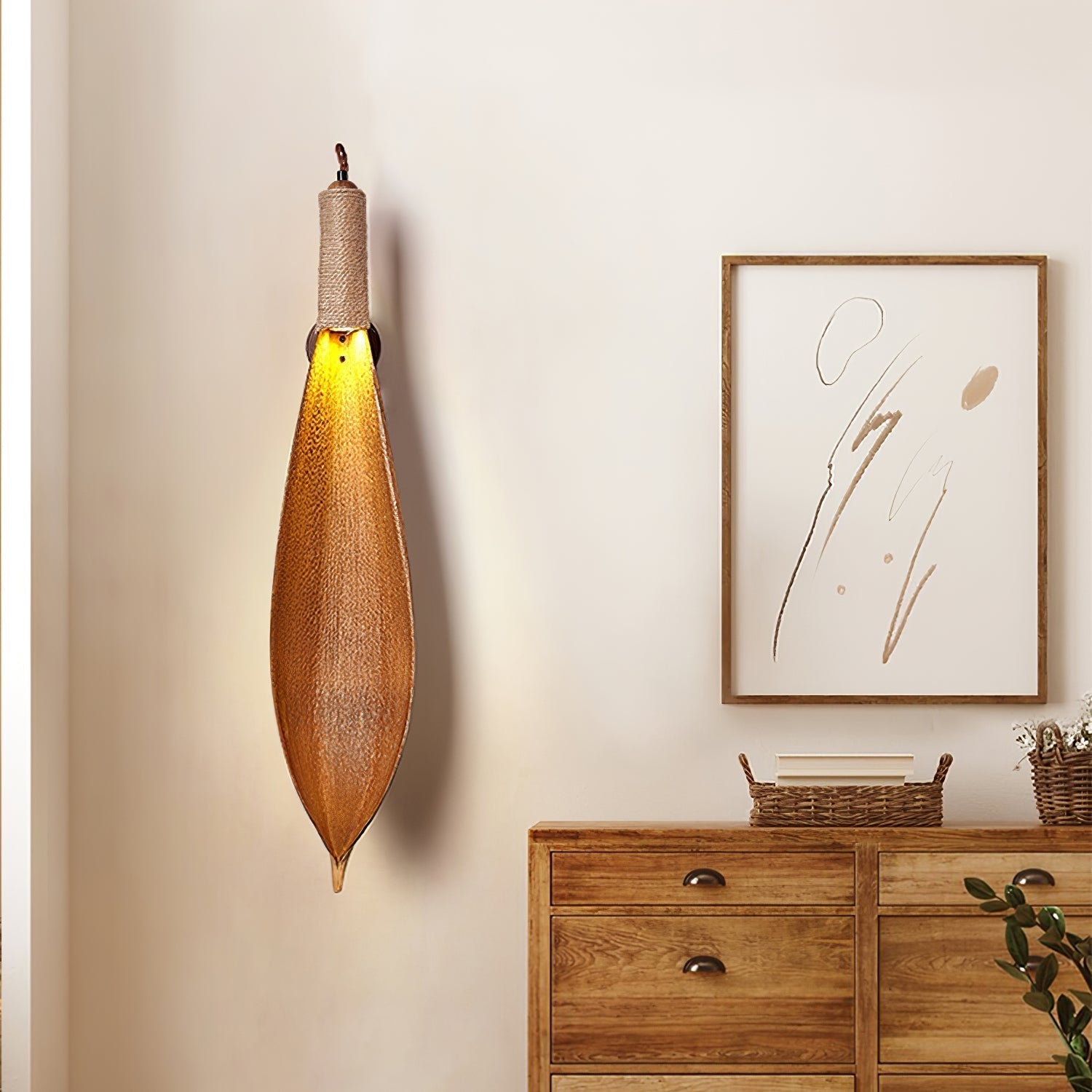 Organic Natural Cocoa Leaf Wall Sconce with Jute Rope Detail for Rustic Interior Lighting