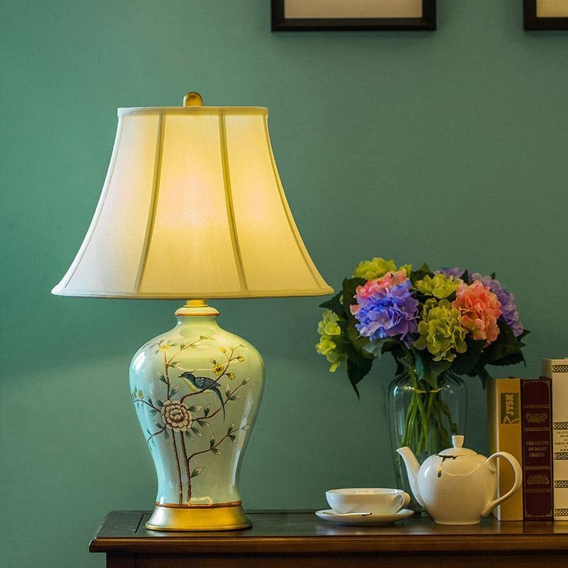 Oriental Green Porcelain Bird and Branch Table Lamp with Linen Bell Shade 23 Inch