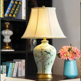 Oriental Green Porcelain Bird and Branch Table Lamp with Linen Bell Shade 23 Inch