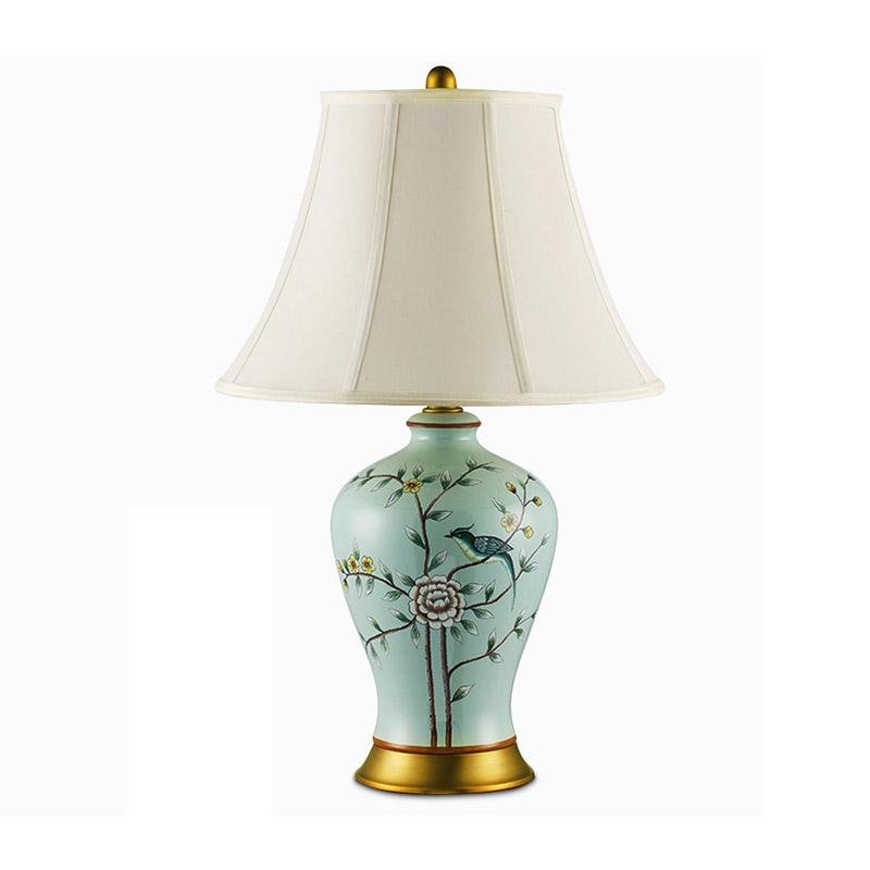 Oriental Green Porcelain Bird and Branch Table Lamp with Linen Bell Shade 23 Inch