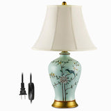 Oriental Green Porcelain Bird and Branch Table Lamp with Linen Bell Shade 23 Inch