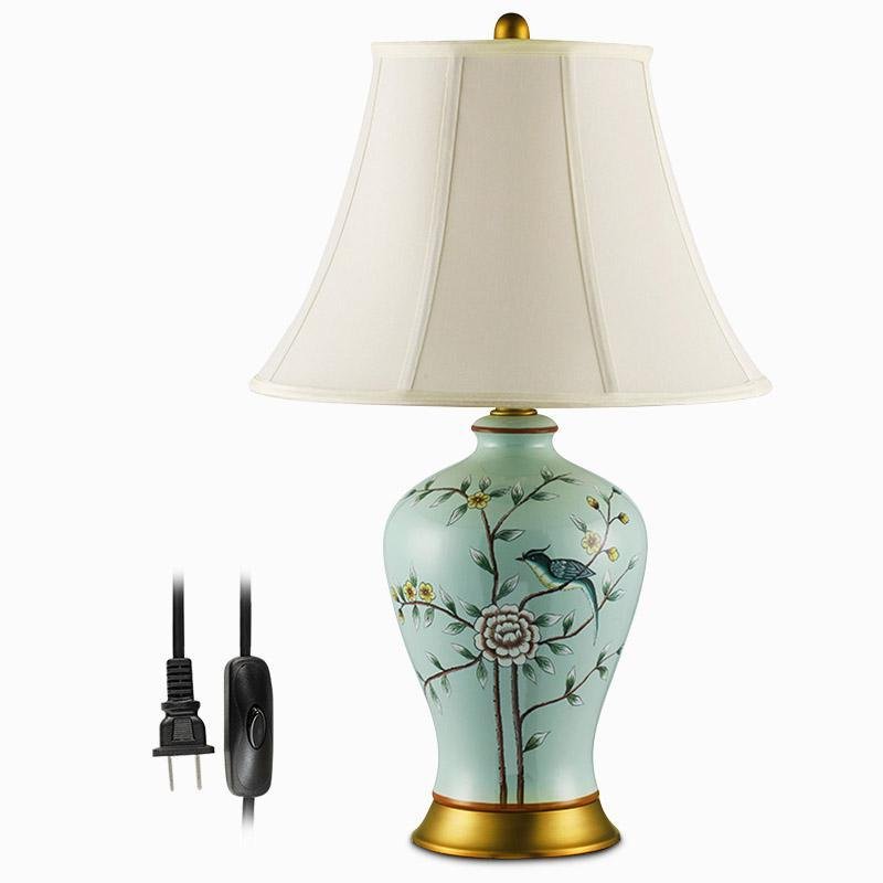 Oriental Green Porcelain Bird and Branch Table Lamp with Linen Bell Shade 23 Inch