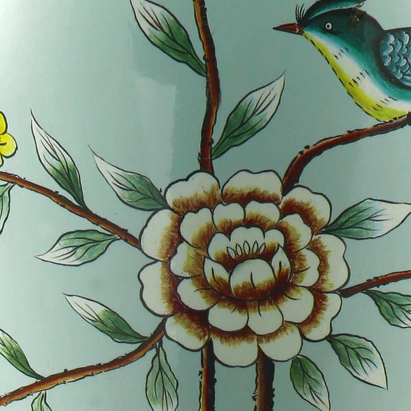 Oriental Green Porcelain Bird and Branch Table Lamp with Linen Bell Shade 23 Inch