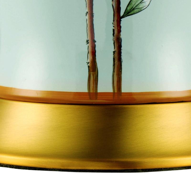 Oriental Green Porcelain Bird and Branch Table Lamp with Linen Bell Shade 23 Inch