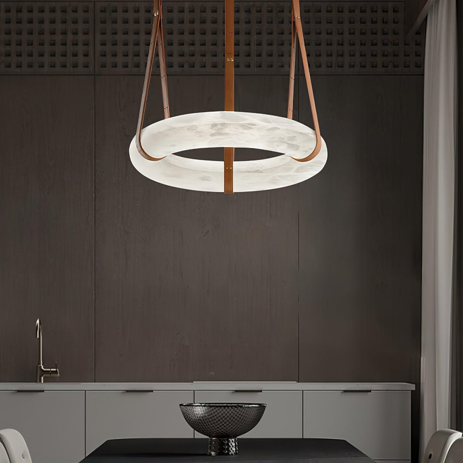 Oslo Alabaster Ring LED Pendant Hanging Light with Modern Leather Strap