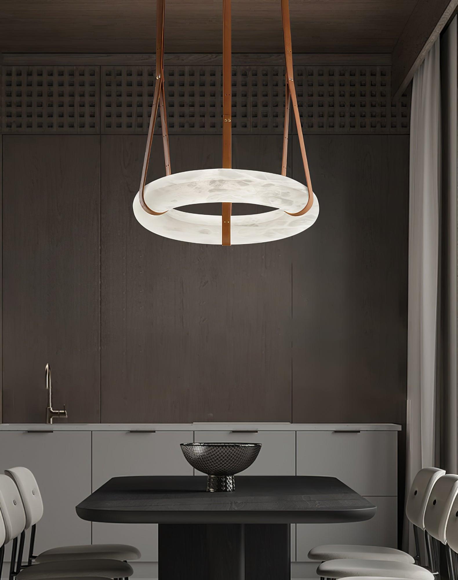 Oslo Alabaster Ring LED Pendant Hanging Light with Modern Leather Strap