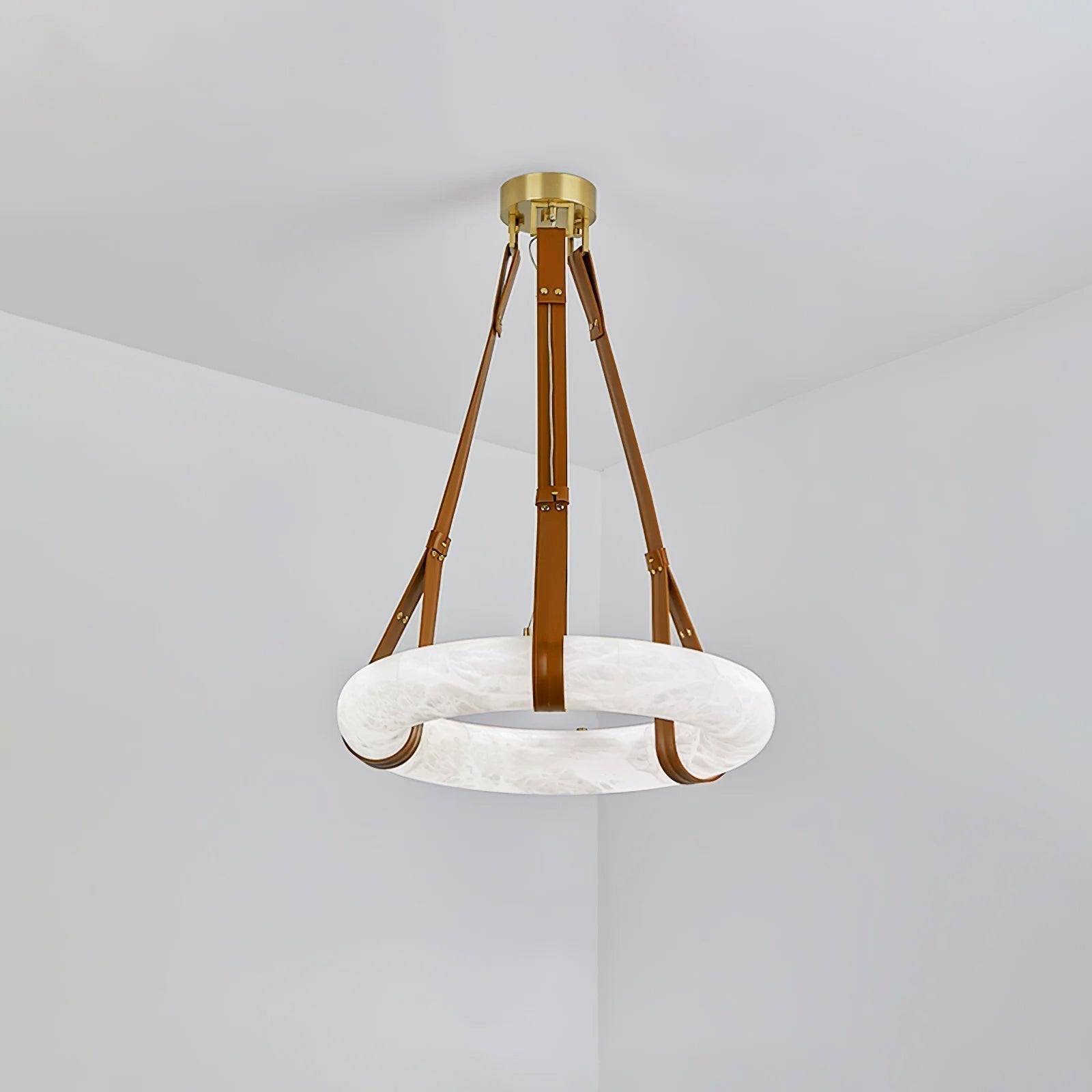 Oslo Alabaster Ring LED Pendant Hanging Light with Modern Leather Strap