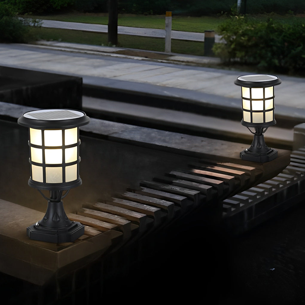 Outdoor Modern Black Round Cage Solar Post Cap Light Waterproof LED Garden Pillar Lamp with Remote Control
