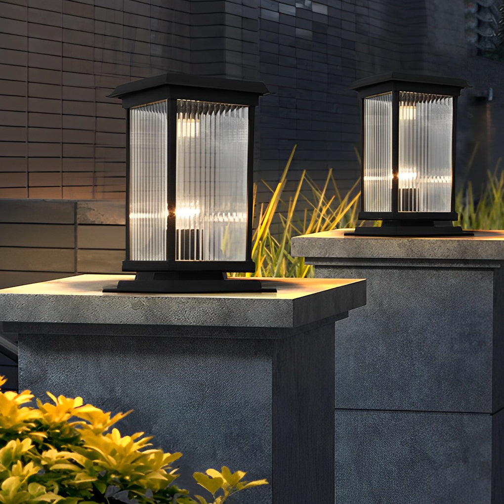 Outdoor Solar Fence Post Lights Waterproof Matte Black Aluminum Retro Glass Garden Lamp