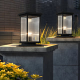 Outdoor Solar Fence Post Lights Waterproof Matte Black Aluminum Retro Glass Garden Lamp