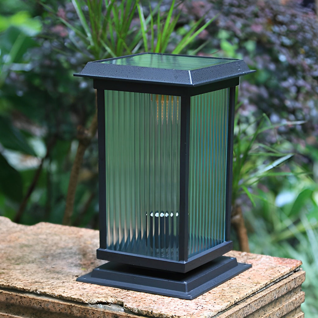 Outdoor Solar Fence Post Lights Waterproof Matte Black Aluminum Retro Glass Garden Lamp
