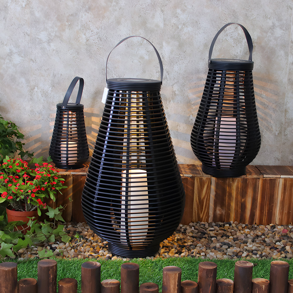 Outdoor Solar Lantern Black Woven PVC Rattan LED Decorative Garden Light for Patio and Path