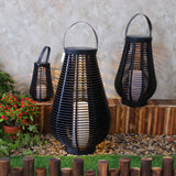 Outdoor Solar Lantern Black Woven PVC Rattan LED Decorative Garden Light for Patio and Path