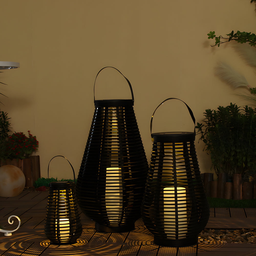 Outdoor Solar Lantern Black Woven PVC Rattan LED Decorative Garden Light for Patio and Path