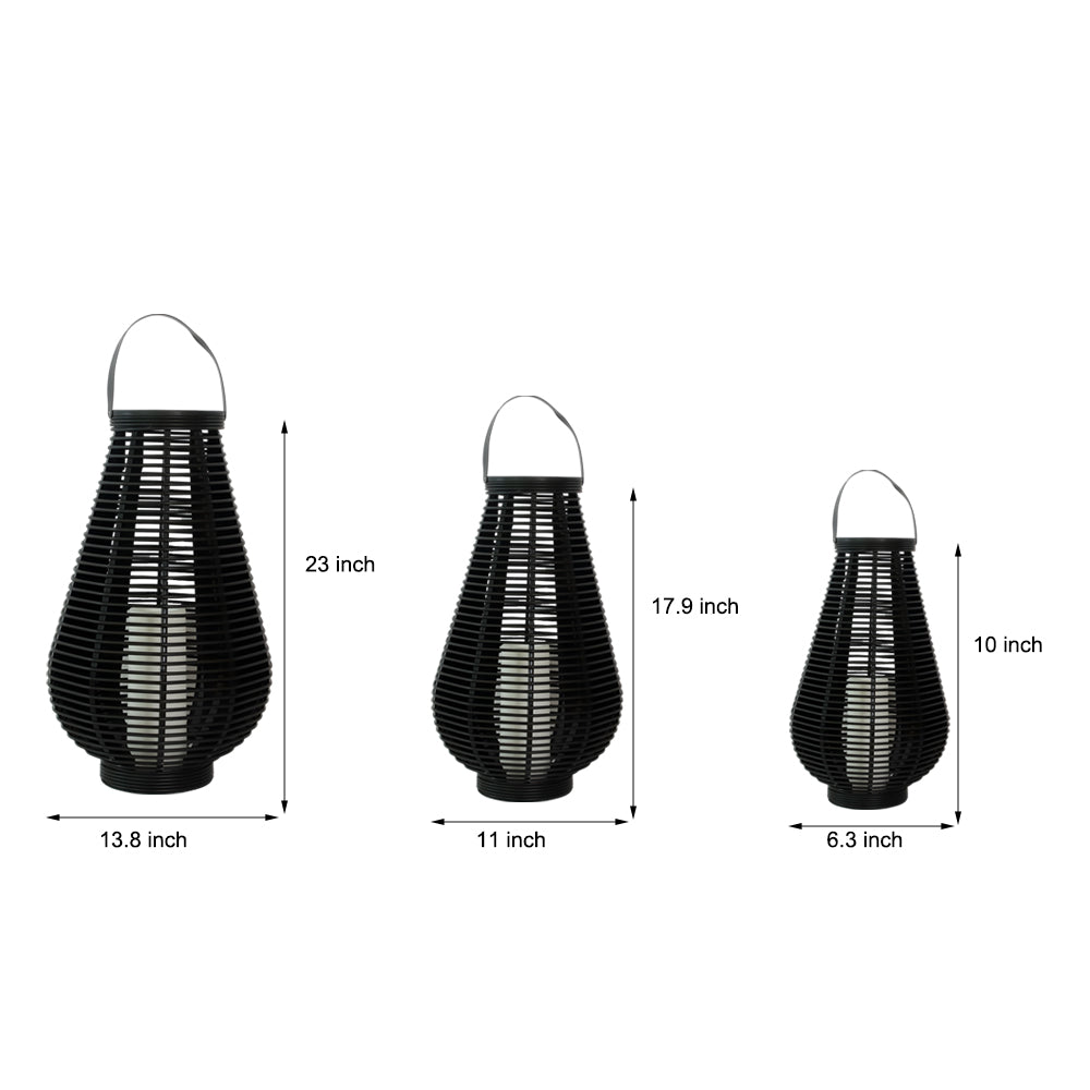 Outdoor Solar Lantern Black Woven PVC Rattan LED Decorative Garden Light for Patio and Path