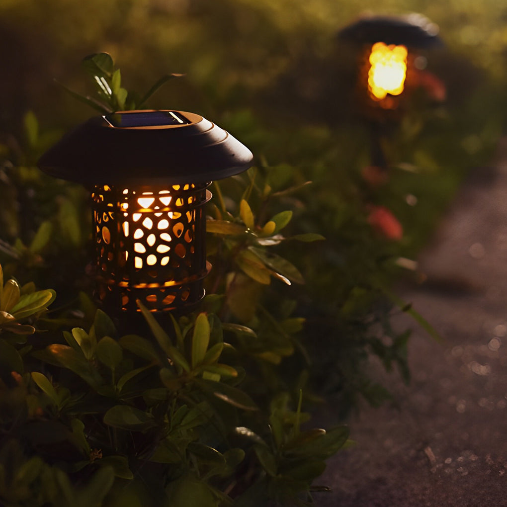 Outdoor Solar Powered Flickering Flame Lawn Lights Waterproof Hollow Metal Path Lighting for Gardens