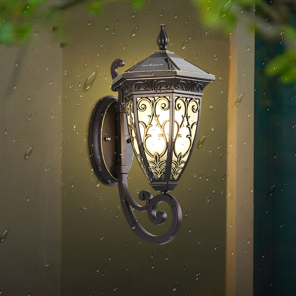 Outdoor Solar Wall Sconce Waterproof Black Aluminum Porch Light with Vintage Flower Design