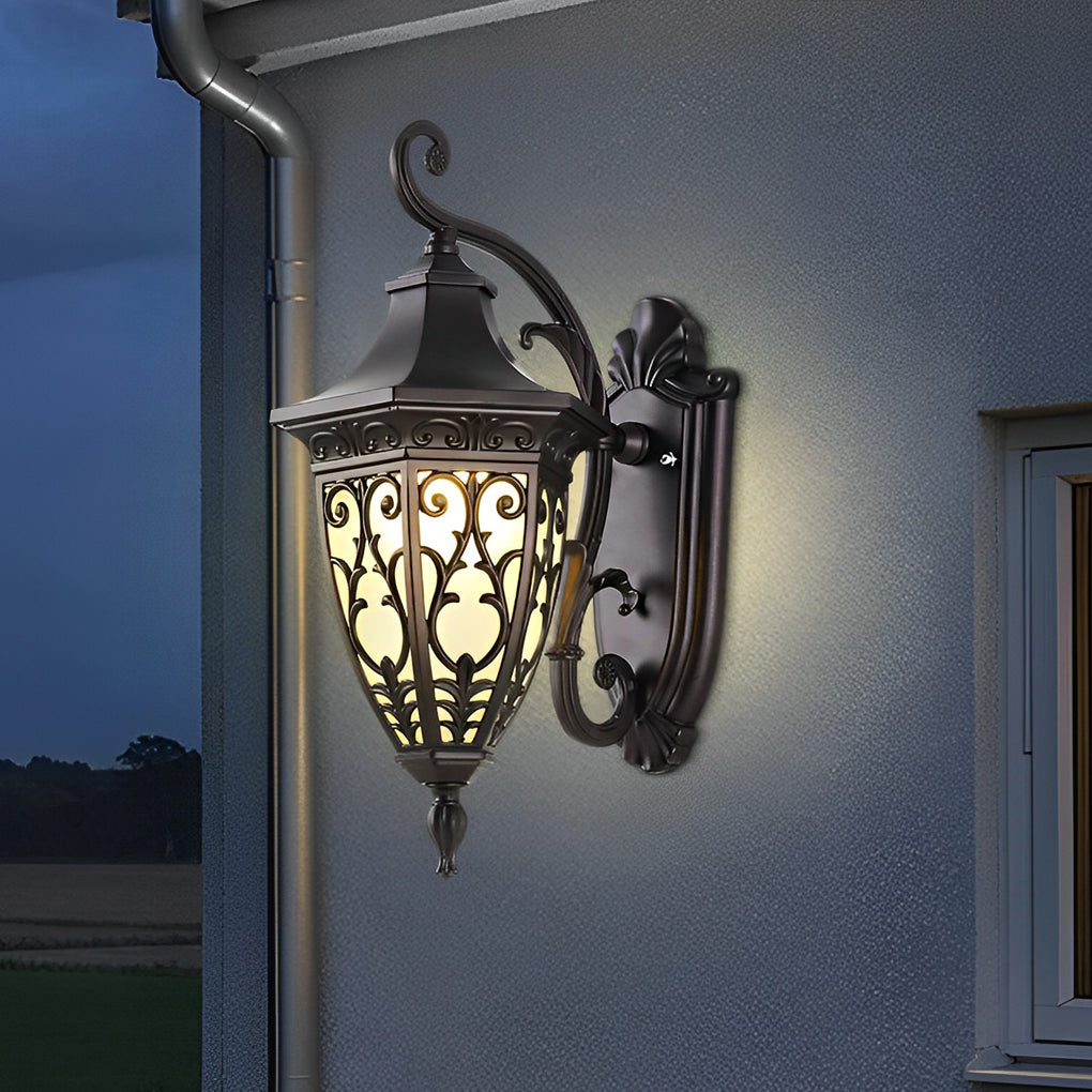 Outdoor Solar Wall Sconce Waterproof Black Aluminum Porch Light with Vintage Flower Design