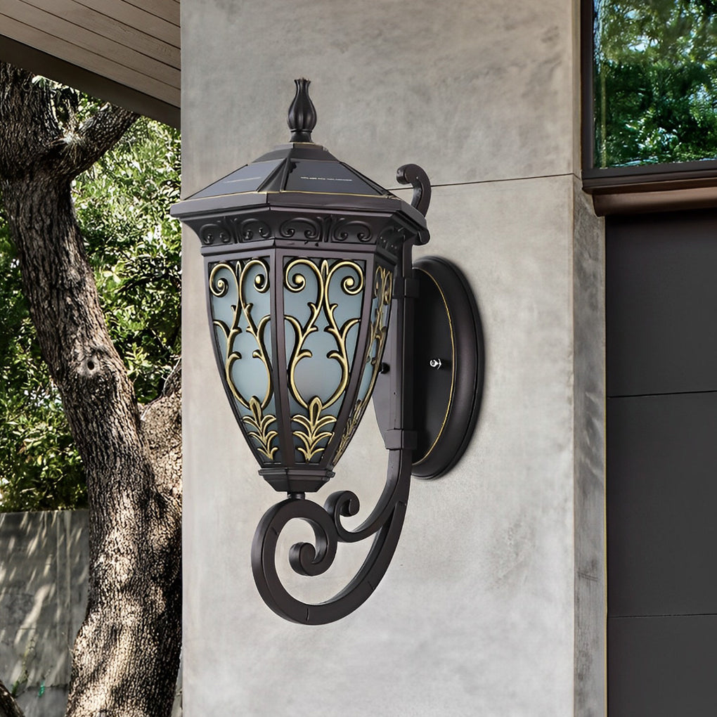 Outdoor Solar Wall Sconce Waterproof Black Aluminum Porch Light with Vintage Flower Design