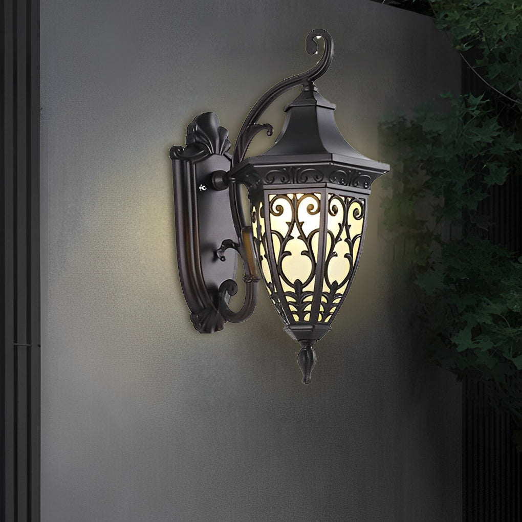 Outdoor Solar Wall Sconce Waterproof Black Aluminum Porch Light with Vintage Flower Design