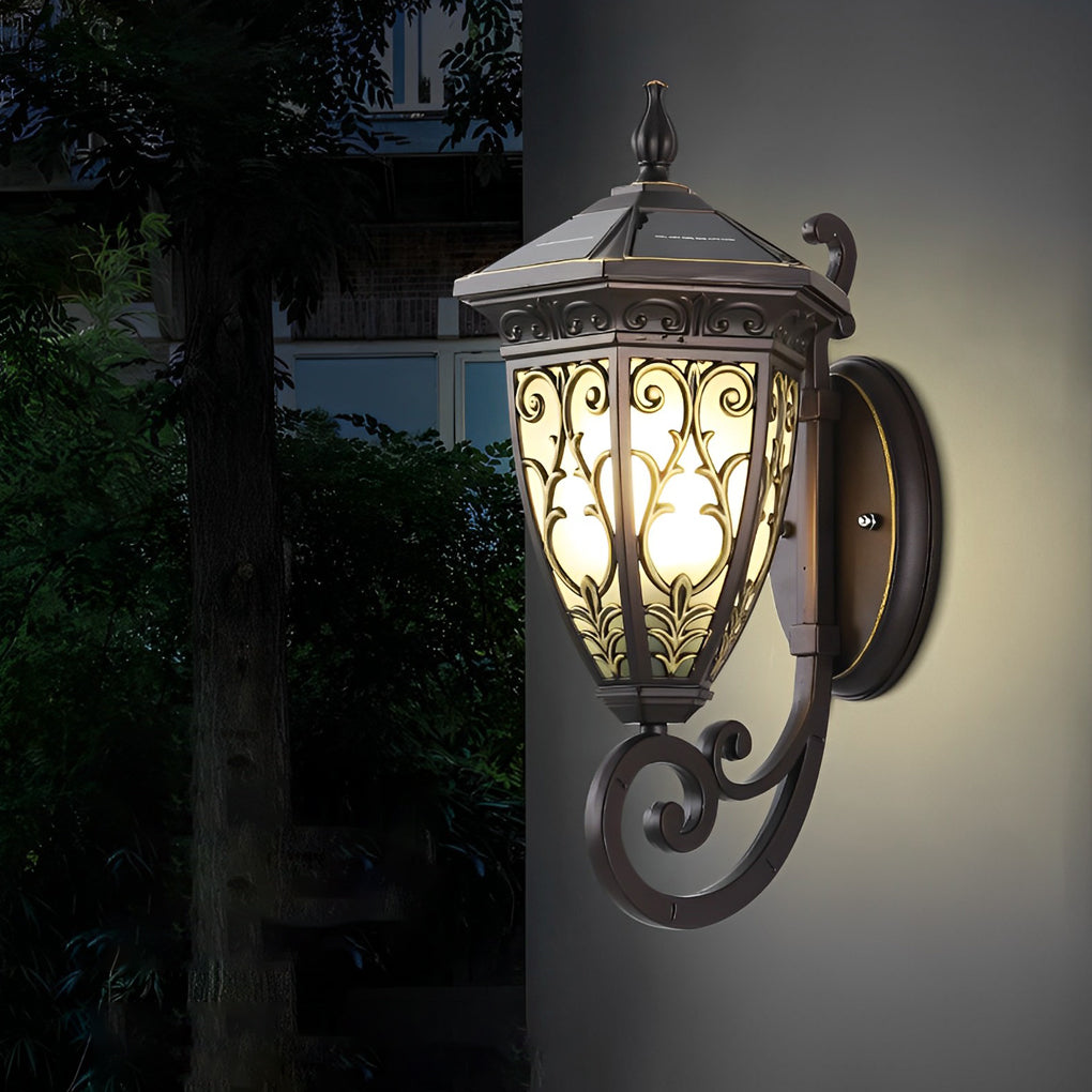 Outdoor Solar Wall Sconce Waterproof Black Aluminum Porch Light with Vintage Flower Design