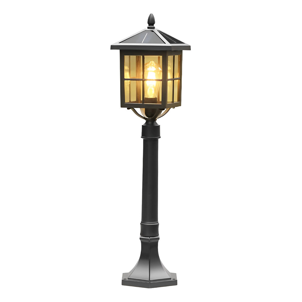 Outdoor Square Black Aluminum Retro Solar Powered Lawn Lamp Waterproof Garden Pathway Pedestal Light