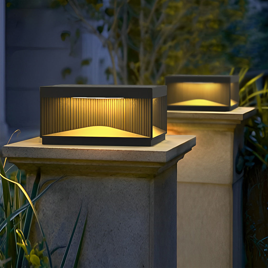 Outdoor Waterproof Black Square Solar Fence Post Light Stainless Steel Pillar Lamp for Garden Decor