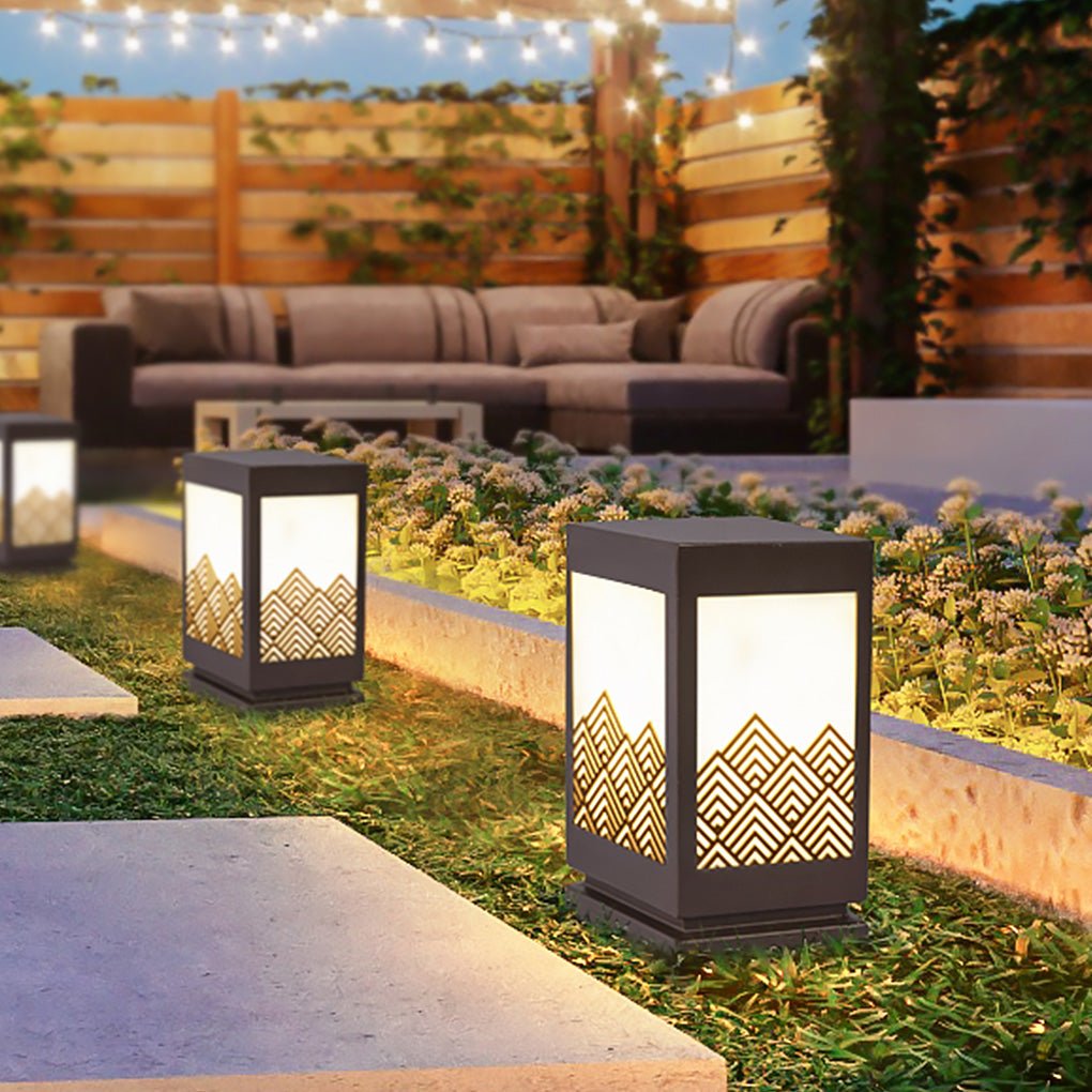 Outdoor Waterproof Lawn Lamp Classical Hollow Pattern Garden Post Light with Brown Finish