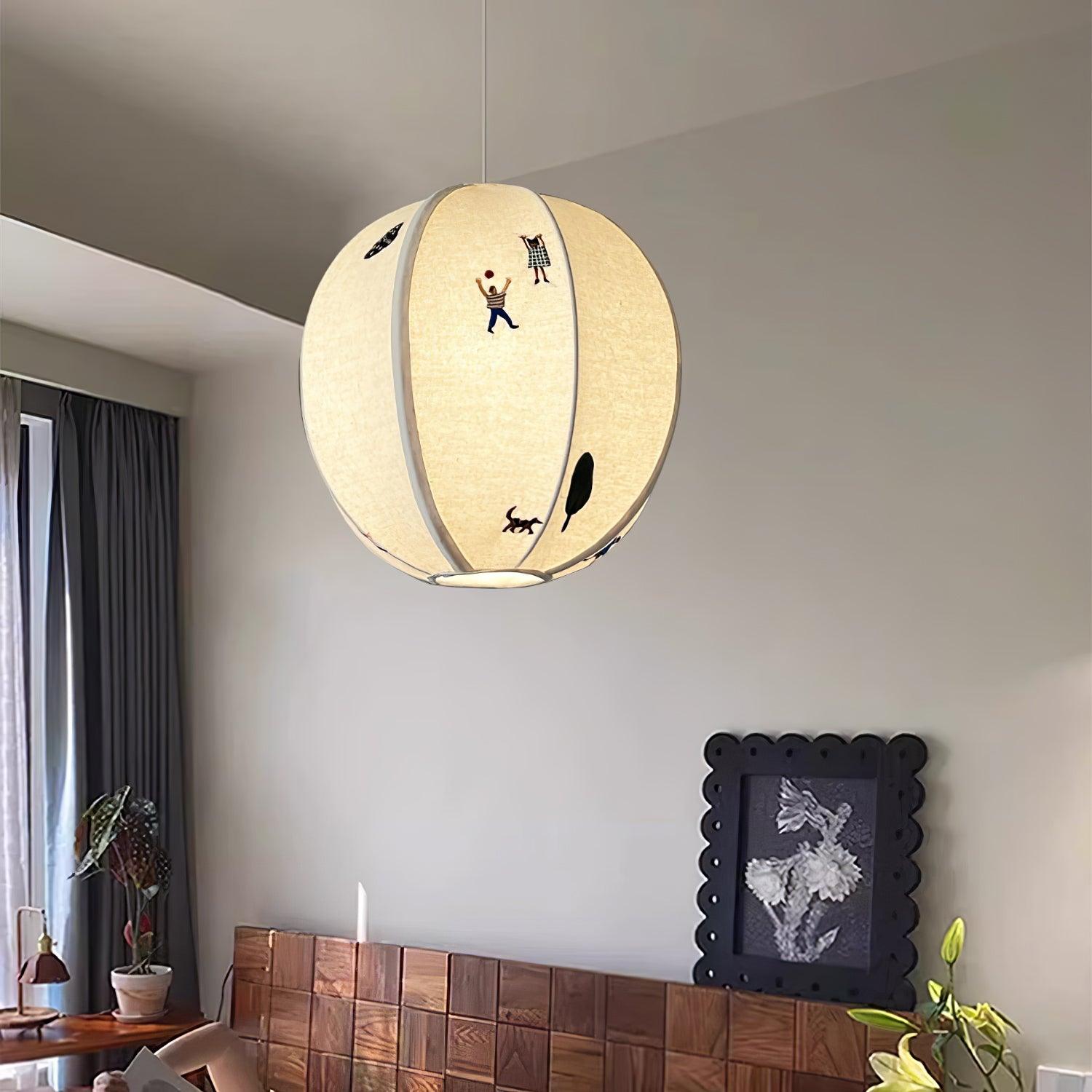 Park Scene Embroidered White Fabric Textile Pendant Light for Bedroom and Dining Areas